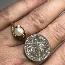 Load image into Gallery viewer, Pearl Diamond Engagement Ring. 10k Brushed Gold. June Birthstone. 4th Anniversary Gift. - Scotch Street Vintage