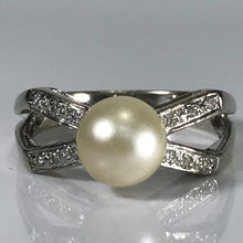 Load image into Gallery viewer, Pearl Diamond Engagement Ring. Bow Style. 14k White Gold. June Birthstone. 4th Anniversary Gift. - Scotch Street Vintage
