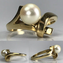 Load image into Gallery viewer, Pearl Engagement Ring. 14k Yellow Gold. Bamboo Style. June Birthstone. 4th Anniversary Gift. - Scotch Street Vintage