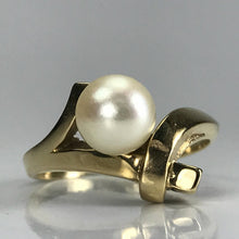 Load image into Gallery viewer, Pearl Engagement Ring. 14k Yellow Gold. Bamboo Style. June Birthstone. 4th Anniversary Gift. - Scotch Street Vintage