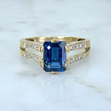 Load image into Gallery viewer, RESERVED LISTING Vintage London Blue Topaz and Diamond Engagement Ring. 9K Yellow Gold Setting. 4th Anniversary. - Scotch Street Vintage