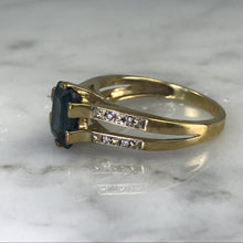 Load image into Gallery viewer, RESERVED LISTING Vintage London Blue Topaz and Diamond Engagement Ring. 9K Yellow Gold Setting. 4th Anniversary. - Scotch Street Vintage