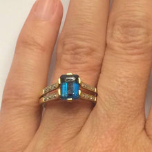 Load image into Gallery viewer, RESERVED LISTING Vintage London Blue Topaz and Diamond Engagement Ring. 9K Yellow Gold Setting. 4th Anniversary. - Scotch Street Vintage