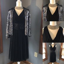 Load image into Gallery viewer, Vintage 1950s Black Chiffon Fit and Flare Dress with Sequin Waist. Perfect for Prom. - Scotch Street Vintage