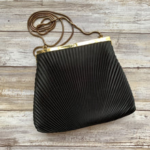 Load image into Gallery viewer, Vintage 1970s Little Black Handbag by La Regale. Black Micro Pleats with Rhinestone Kiss Closure. - Scotch Street Vintage
