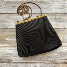 Load image into Gallery viewer, Vintage 1970s Little Black Handbag by La Regale. Black Micro Pleats with Rhinestone Kiss Closure. - Scotch Street Vintage