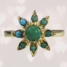 Load image into Gallery viewer, Vintage 1970s Turquoise Ring in a Yellow Gold Flower Setting. Blue and Green Turquoise. - Scotch Street Vintage