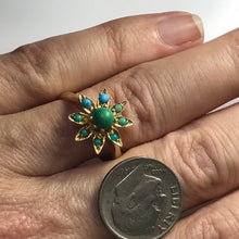 Load image into Gallery viewer, Vintage 1970s Turquoise Ring in a Yellow Gold Flower Setting. Blue and Green Turquoise. - Scotch Street Vintage