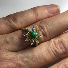 Load image into Gallery viewer, Vintage 1970s Turquoise Ring in a Yellow Gold Flower Setting. Blue and Green Turquoise. - Scotch Street Vintage