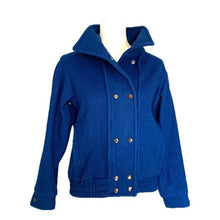 Load image into Gallery viewer, Vintage 1980s Blue Wool Bomber Jacket with Removable Capelet. Warm 2 in 1 Winter Coat. - Scotch Street Vintage