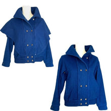 Load image into Gallery viewer, Vintage 1980s Blue Wool Bomber Jacket with Removable Capelet. Warm 2 in 1 Winter Coat. - Scotch Street Vintage