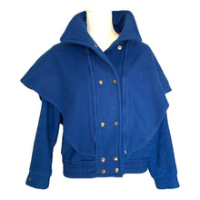 Load image into Gallery viewer, Vintage 1980s Blue Wool Bomber Jacket with Removable Capelet. Warm 2 in 1 Winter Coat. - Scotch Street Vintage