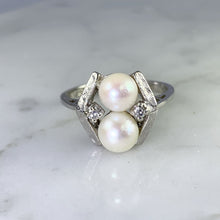 Load image into Gallery viewer, Vintage Akoya Pearl Ring with Diamonds Accents set in 14K White Gold. June's Birthstone. - Scotch Street Vintage