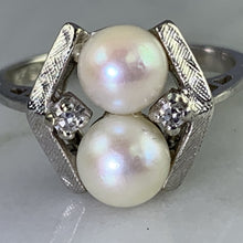 Load image into Gallery viewer, Vintage Akoya Pearl Ring with Diamonds Accents set in 14K White Gold. June's Birthstone. - Scotch Street Vintage