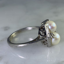 Load image into Gallery viewer, Vintage Akoya Pearl Ring with Diamonds Accents set in 14K White Gold. June's Birthstone. - Scotch Street Vintage