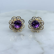 Load image into Gallery viewer, Vintage Amethyst Earrings set in a Yellow Gold Flower Setting. February Birthstone. Wedding Jewelry. - Scotch Street Vintage