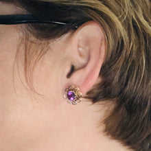 Load image into Gallery viewer, Vintage Amethyst Earrings set in a Yellow Gold Flower Setting. February Birthstone. Wedding Jewelry. - Scotch Street Vintage