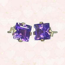 Load image into Gallery viewer, Vintage Amethyst Square Earrings set in 14K Gold. February Birthstone. 1970s Sustainable Estate Jewelry. - Scotch Street Vintage