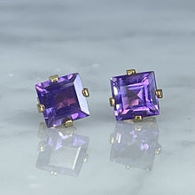 Load image into Gallery viewer, Vintage Amethyst Square Earrings set in 14K Gold. February Birthstone. 1970s Sustainable Estate Jewelry. - Scotch Street Vintage