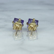 Load image into Gallery viewer, Vintage Amethyst Square Earrings set in 14K Gold. February Birthstone. 1970s Sustainable Estate Jewelry. - Scotch Street Vintage
