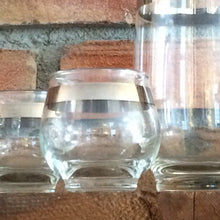 Load image into Gallery viewer, Vintage Barware Decanter Set by Libbey. 1950 Glass Martini Decanter with 5 Drink Glasses. Silver Rim. - Scotch Street Vintage