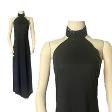 Load image into Gallery viewer, Vintage Black Evening Gown in Halter Style with Black Sequin Accents. Elegant Formal Dress. - Scotch Street Vintage