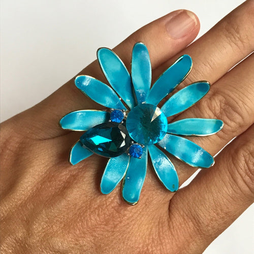 Vintage Blue Enamel Flower Ring. Upcycled Vintage Statement Ring. Blue Rhinestones. - Scotch Street Vintage