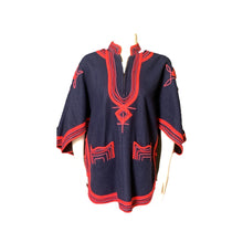 Load image into Gallery viewer, Vintage Blue Poncho Cape in Wool with a Red Accent from Guatemala. 1960s Stylish Sustainable. - Scotch Street Vintage