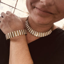 Load image into Gallery viewer, Vintage Brass and Mother of Pearl Collar Choker and Bangle Bracelet. - Scotch Street Vintage