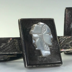 Vintage Cufflinks and Tie Bar Set. Three Faced Soldier Cameo. Sterling Silver and Mother of Pearl. - Scotch Street Vintage
