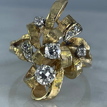 Load image into Gallery viewer, Vintage Diamond Cluster Ring with Old Hollywood Glamour. 14K Yellow Gold Setting with a Ribbon Design. - Scotch Street Vintage