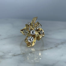 Load image into Gallery viewer, Vintage Diamond Cluster Ring with Old Hollywood Glamour. 14K Yellow Gold Setting with a Ribbon Design. - Scotch Street Vintage