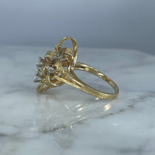 Load image into Gallery viewer, Vintage Diamond Cluster Ring with Old Hollywood Glamour. 14K Yellow Gold Setting with a Ribbon Design. - Scotch Street Vintage