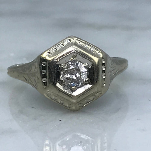 Vintage Diamond Engagement Ring. 14K Gold Filigree Setting. April Birthstone. 10 Year Anniversary. - Scotch Street Vintage