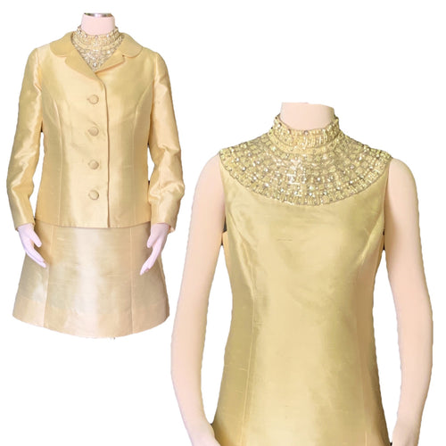 Vintage Dress and Jacket in Yellow with a Jewelled Collar by Jack Bryan. Mother of the Bride Wedding Attire. - Scotch Street Vintage