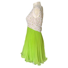 Load image into Gallery viewer, Vintage Elegant Green Chiffon Dress by Miss Elliette. Daisy Flower Beaded Bodice. Micro Pleated Skirt. - Scotch Street Vintage