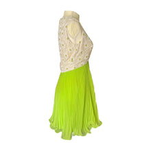 Load image into Gallery viewer, Vintage Elegant Green Chiffon Dress by Miss Elliette. Daisy Flower Beaded Bodice. Micro Pleated Skirt. - Scotch Street Vintage