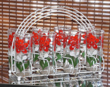 Load image into Gallery viewer, Vintage Glassware 1960s Tall Tumbler Glasses. White Red and Green Floral Design and White Caddy. - Scotch Street Vintage