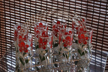 Load image into Gallery viewer, Vintage Glassware 1960s Tall Tumbler Glasses. White Red and Green Floral Design and White Caddy. - Scotch Street Vintage