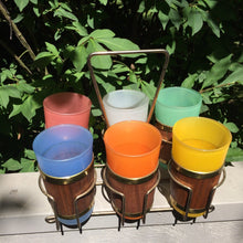 Load image into Gallery viewer, Vintage Glassware Frosted Multi Color Tumbler Glasses with Bamboo Wrap and Gold Caddy. Barware. - Scotch Street Vintage