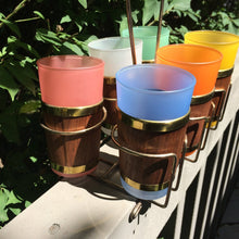Load image into Gallery viewer, Vintage Glassware Frosted Multi Color Tumbler Glasses with Bamboo Wrap and Gold Caddy. Barware. - Scotch Street Vintage