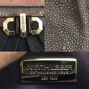 Vintage Judith Leiber Black Leather Evening Bag / Clutch. Gold Trim. Original Dust Bag and Box. - Scotch Street Vintage