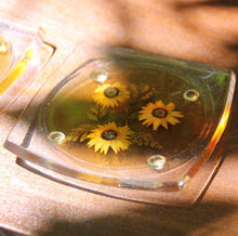 Load image into Gallery viewer, Vintage Lucite Coasters with Real Pressed Flowers in Yellow, Teal and Green Set of Six - Scotch Street Vintage