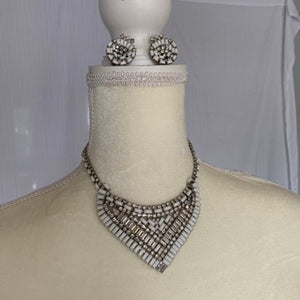 Vintage Milk Glass and Rhinestone Necklace and Earring Set by Hattie Carnegie. Wedding Jewelry! - Scotch Street Vintage