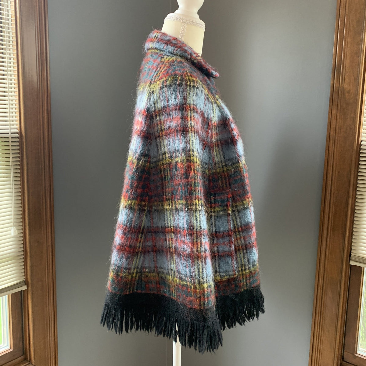 Vintage Mohair Wool Poncho or Jacket in Blue and Red Plaid from Strath