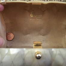 Load image into Gallery viewer, Vintage Mother of Pearl Clutch by Aspects. Mother of Pearl Tiled Bag. Bow Shaped Purse. - Scotch Street Vintage