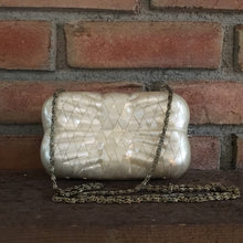 Load image into Gallery viewer, Vintage Mother of Pearl Clutch by Aspects. Mother of Pearl Tiled Bag. Bow Shaped Purse. - Scotch Street Vintage