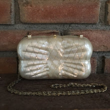 Load image into Gallery viewer, Vintage Mother of Pearl Clutch by Aspects. Mother of Pearl Tiled Bag. Bow Shaped Purse. - Scotch Street Vintage