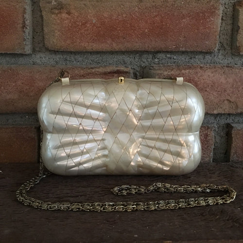 Vintage Mother of Pearl Clutch by Aspects. Mother of Pearl Tiled Bag. Bow Shaped Purse. - Scotch Street Vintage