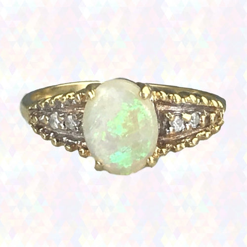 Vintage Opal Diamond Engagement Ring. 14K Gold. October Birthstone. 14th Anniversary. - Scotch Street Vintage